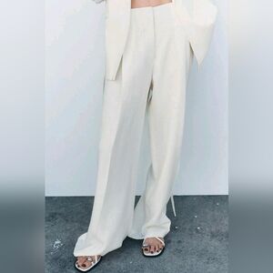 ZARA Ivory Linen Blend Wide Leg Pants Size S NWT High Waist Flowy Pockets Chic